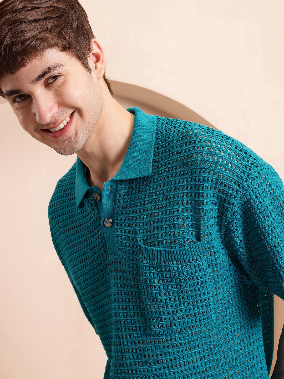 Mast & Harbour Relaxed Fit Polo Collar Open Knit Crochet T-shirt