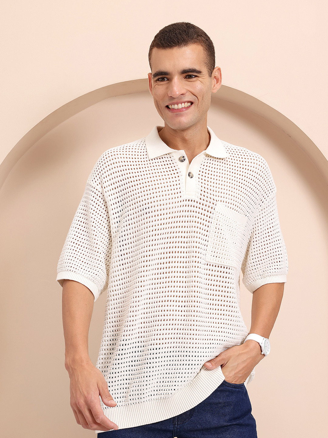 Mast & Harbour Crochet Open-Knit Drop-Shoulder Sleeves T-shirt