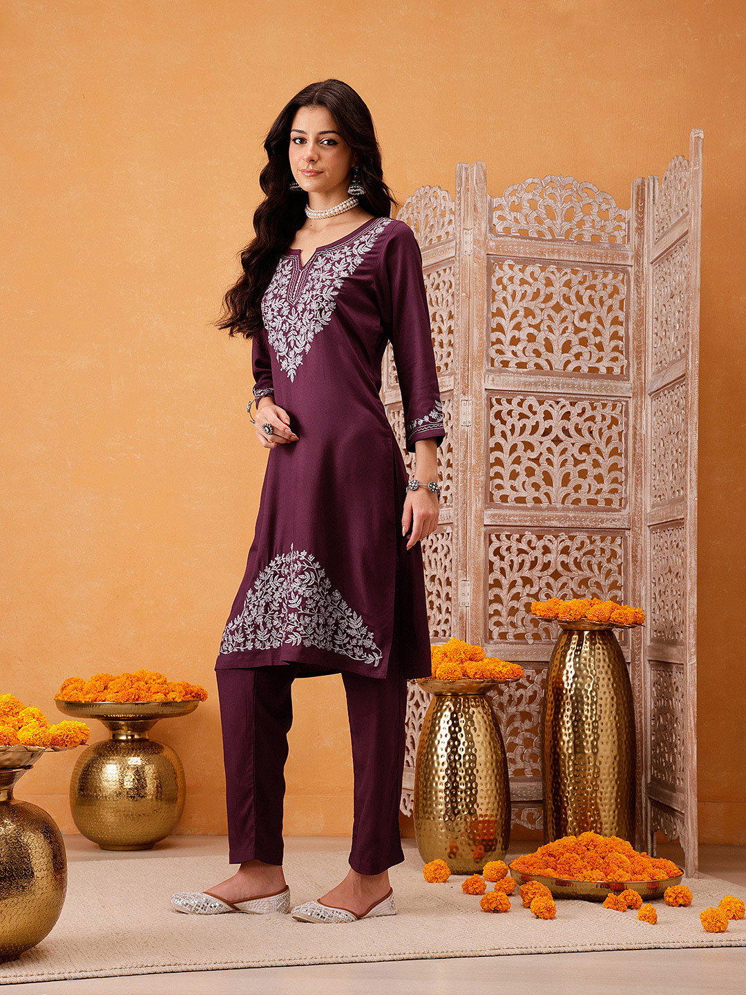 QAZMI Dilnaz Kashmiri Zari Work Burgundy CoOrd Set