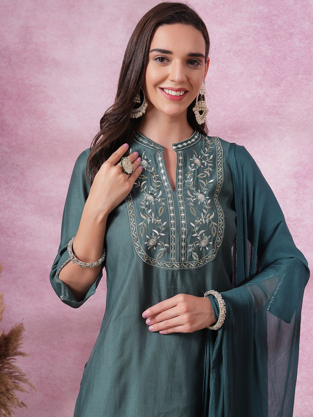 Nayam By Lakshita Floral Embroidered Sequinned Straight Kurta With Trouser & Dupatta