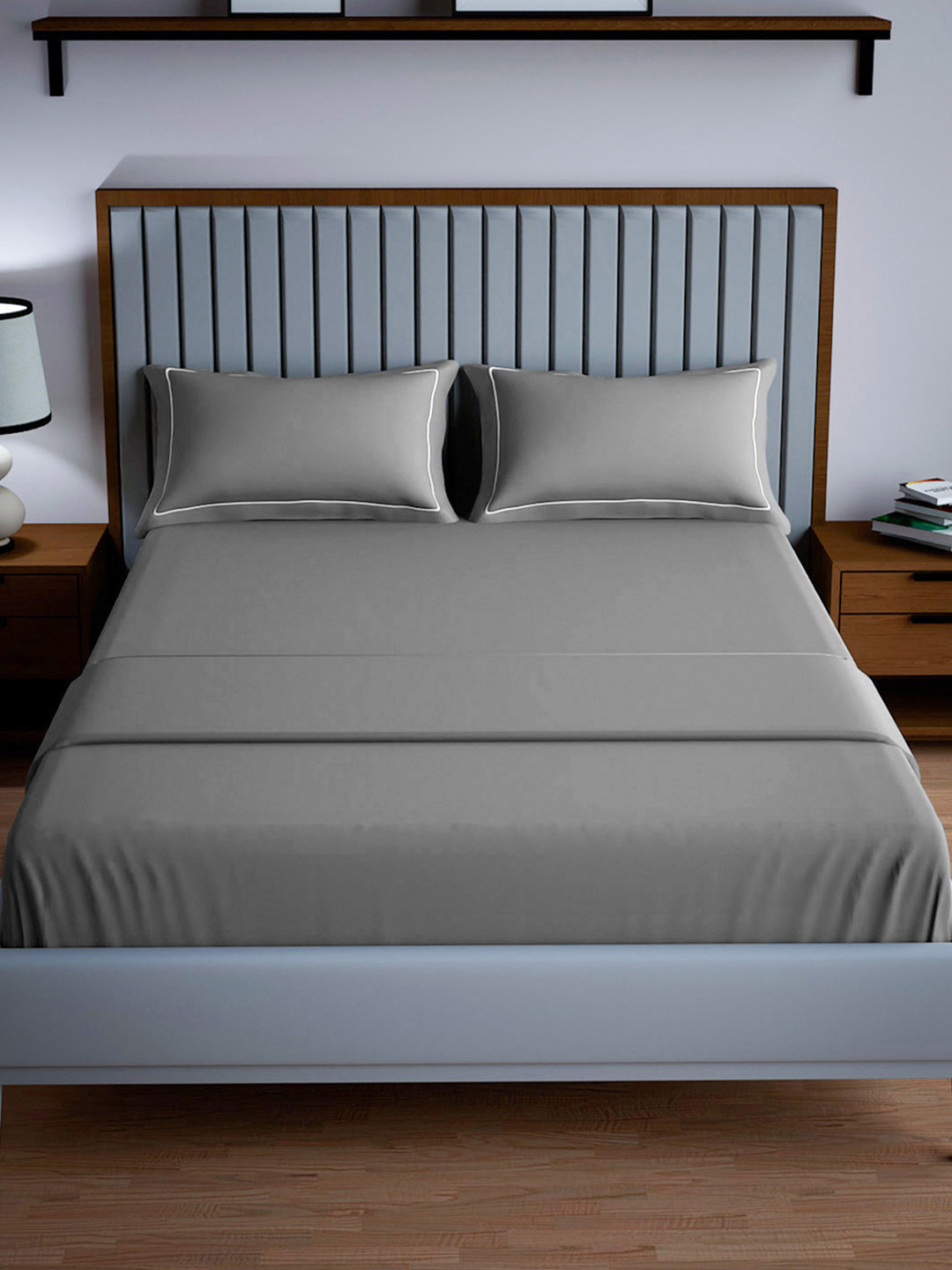 Mulberry Living Grey Cotton 250 TC King Fine Bedsheet with 2 Pillow Covers-108 x 108 inches