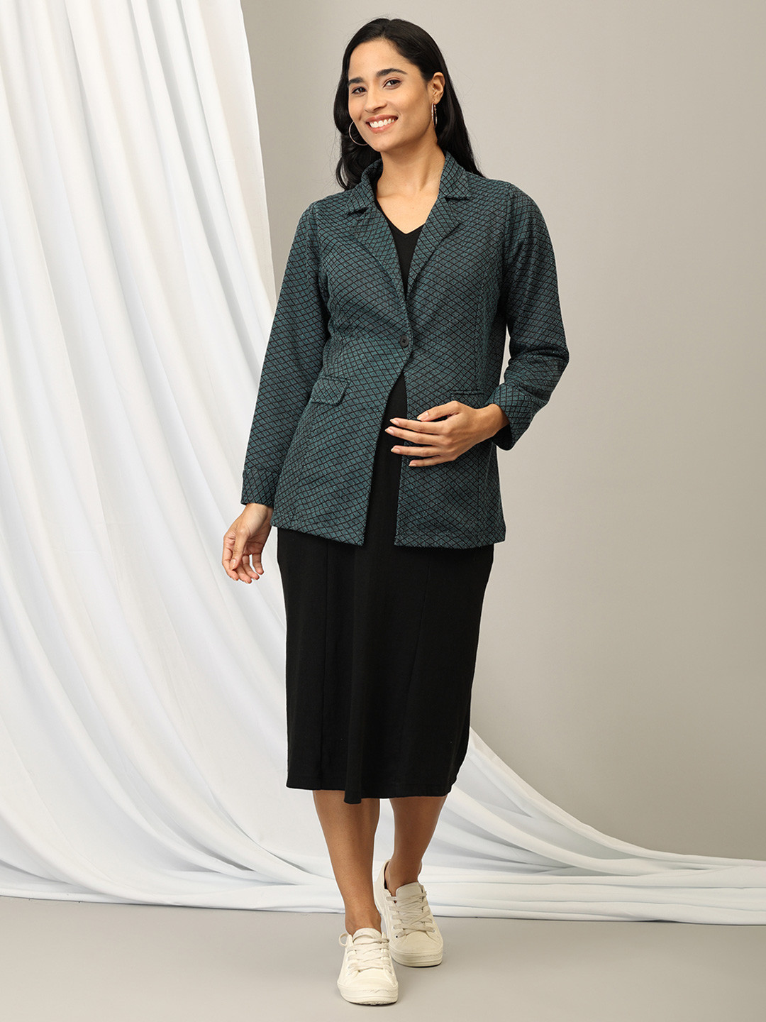 The Mom Store Women Jacquard Maternity Shirt Midi Dress with Blazer