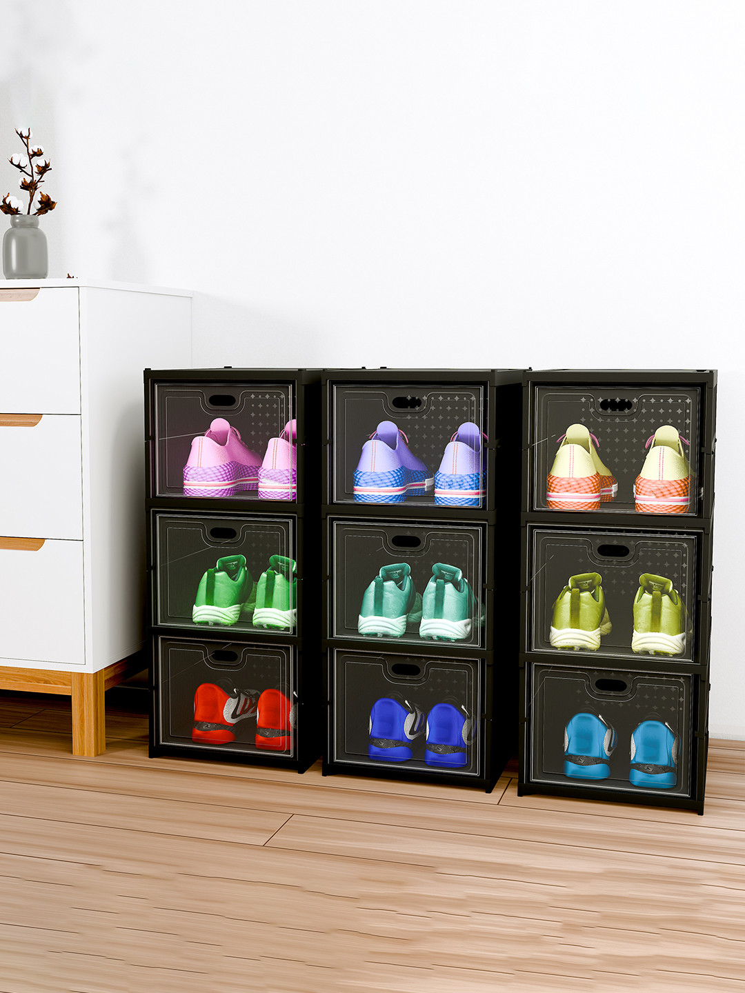 Kuber Industries Matte Black 3 Pieces 3-Tier Foldable Storage Racks