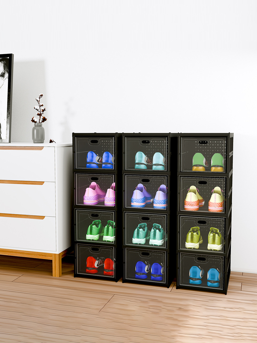 Kuber Industries Matte Black 3 Pieces 4-Tier Foldable Storage Racks