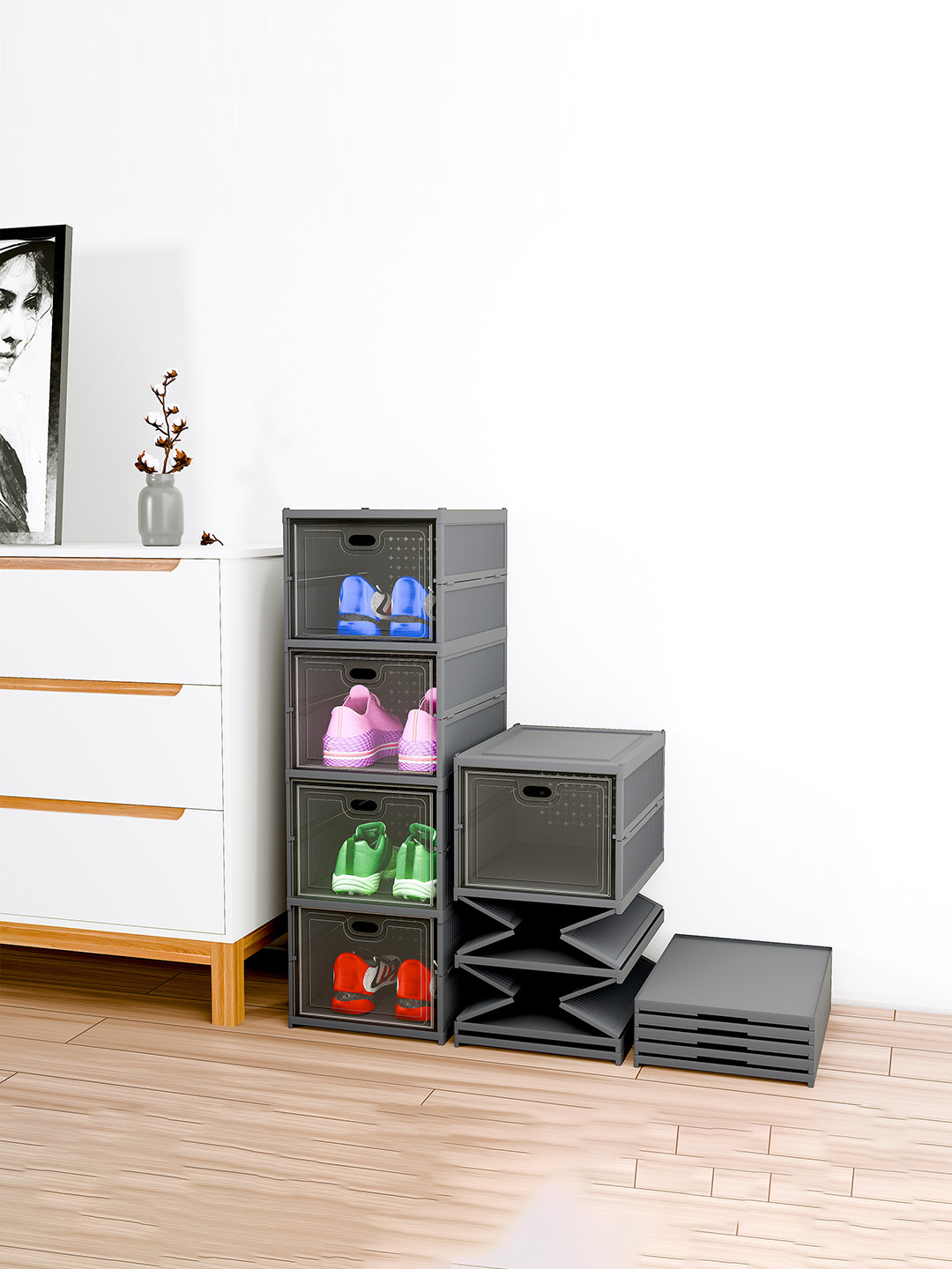 Kuber Industries Grey Foldable 4-Tier Storage Shoe Rack