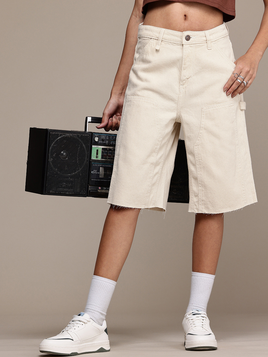 The Roadster Life Co. Women Pure Cotton High-Rise Demin Jorts