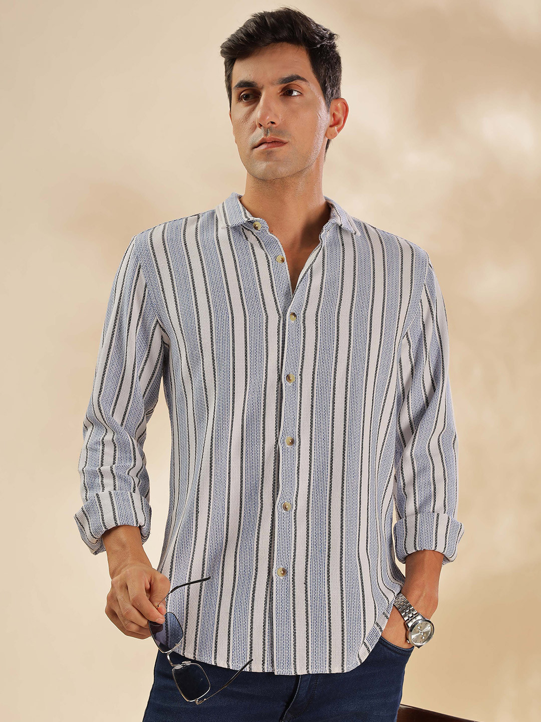 HERE&NOW Men Spread Collar Vertical Striped Cotton Slim Fit Casual Shirt