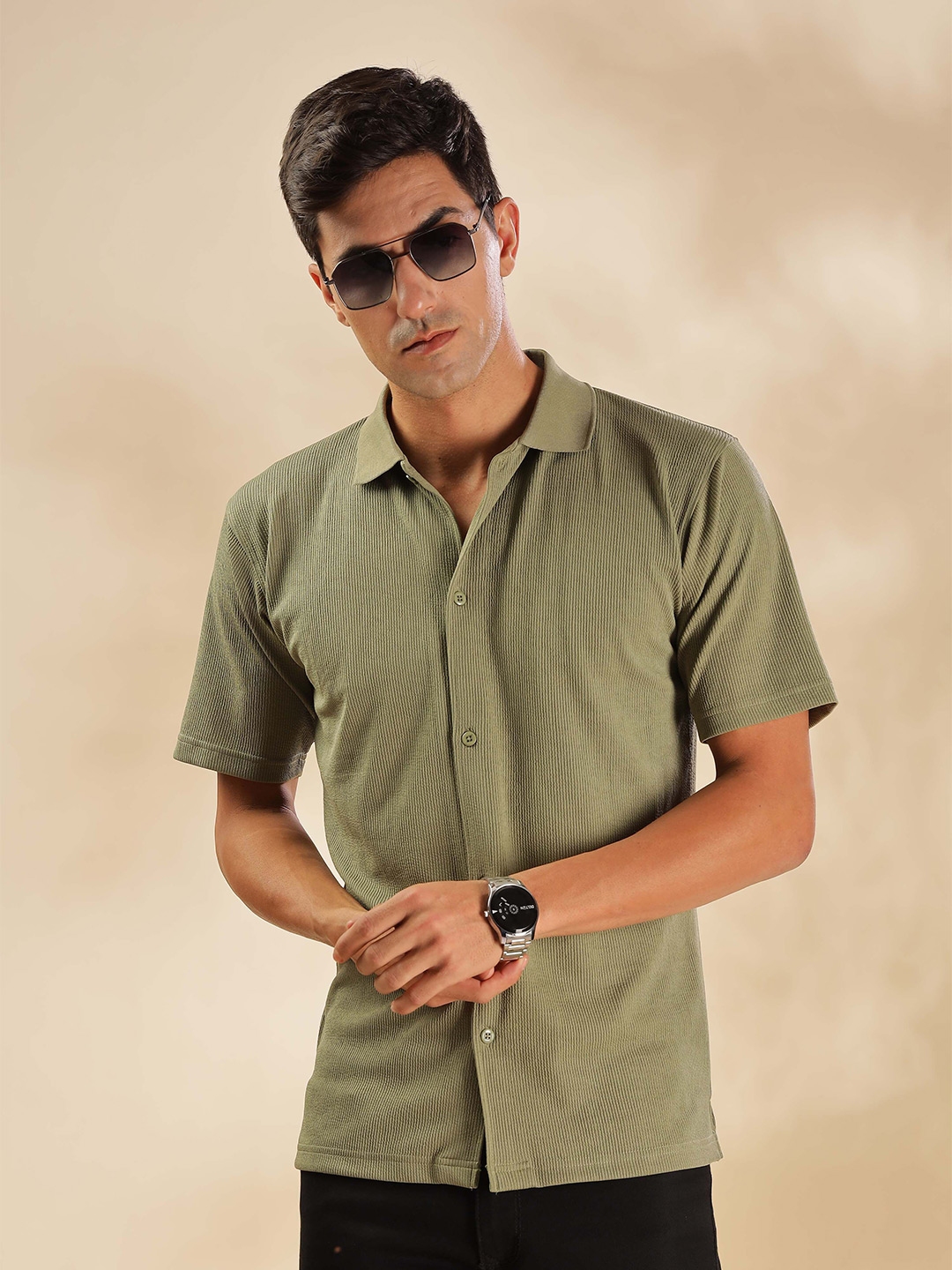 HERE&NOW Men Spread Collar Textured Slim Fit Casual Shirt