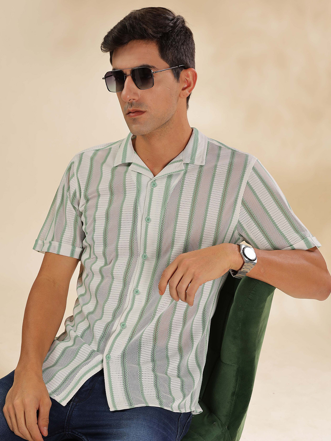 HERE&NOW Men Cuban Collar Vertical Striped Casual Shirt