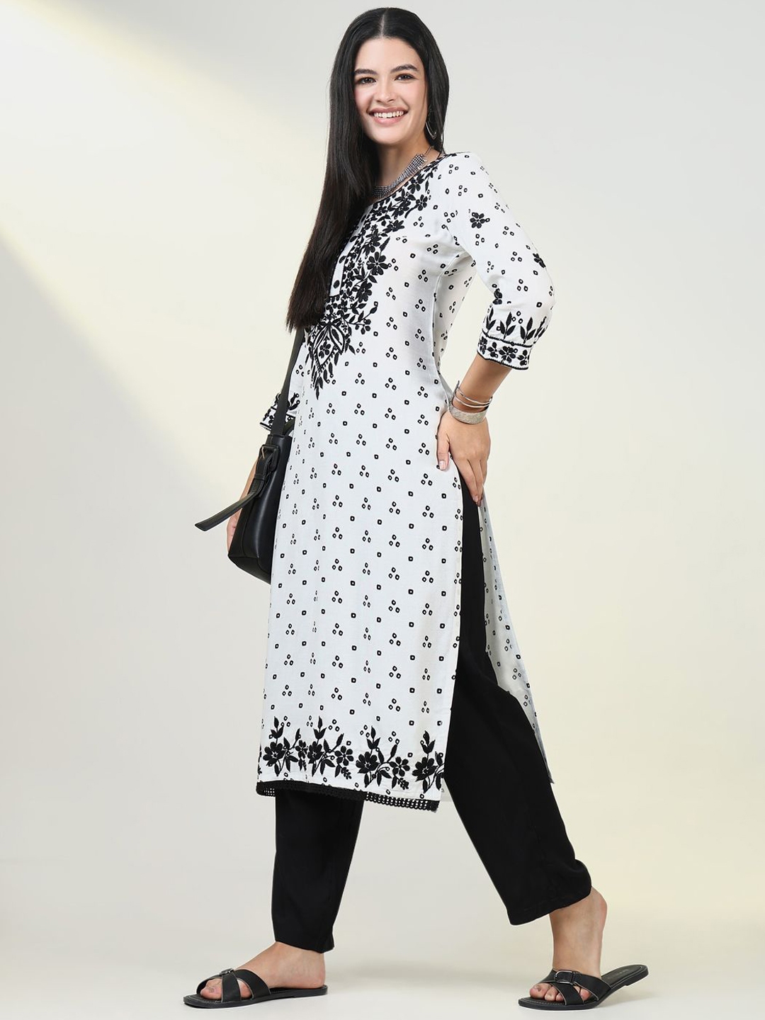 SHOWOFF Round Neck Bandhani Printed Chikankari Straight Kurta - Kurtas for Women 31578629 | Myntra