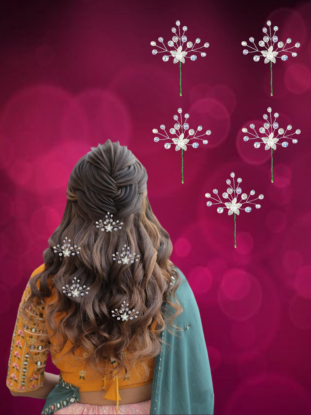 Majestique Set of 5 Silver Bridal Hair Pins with Crystal Flower Tiara Juda Accessories