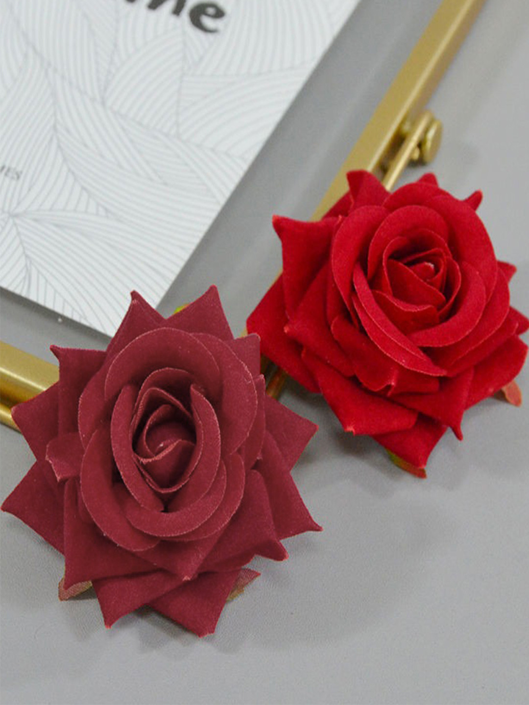 Majestique Set of 2 Maroon Red Artificial Rose Flowers Bun Juda Clips Bridal Brooch