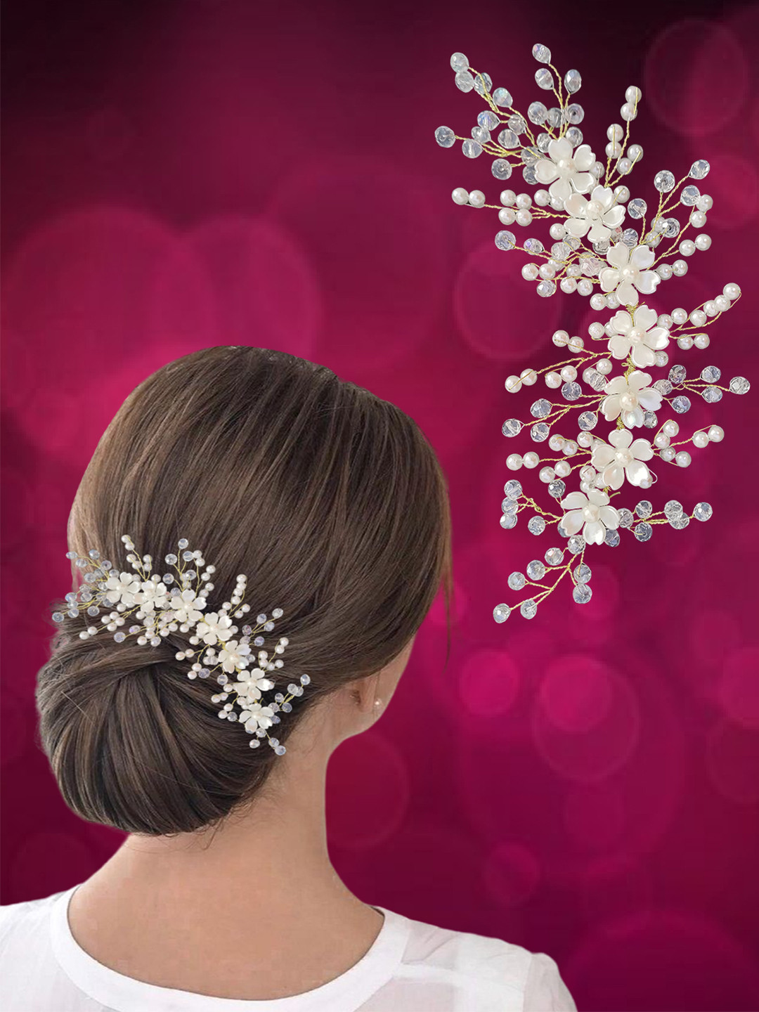 Majestique Set of 1 Golden Artificial Flowers & Pearl Style Juda Bun Pins Bridal Brooch