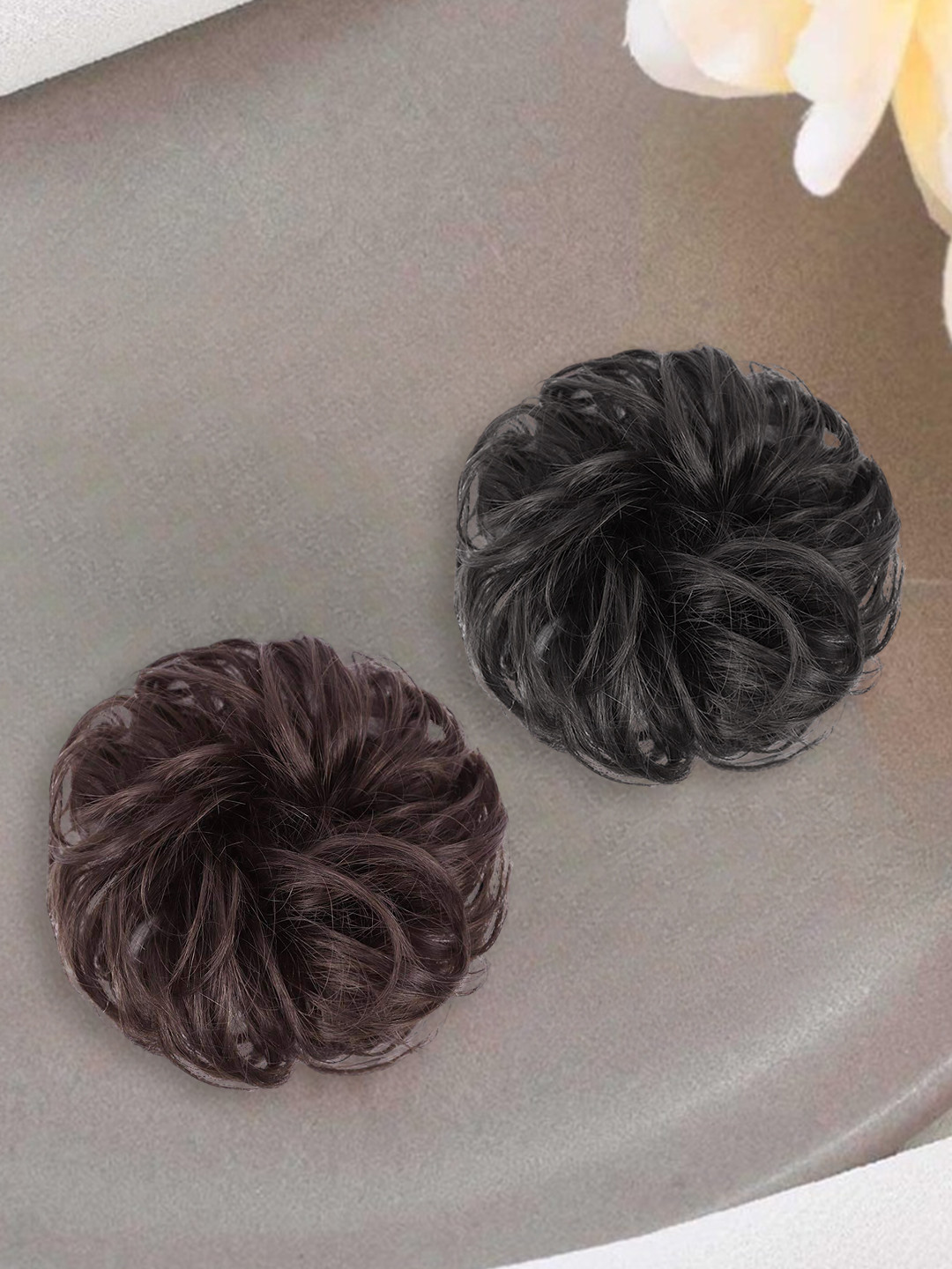 Majestique Set of 2 Black Brown Messy Bun Artificial Hair Scrunchies With Rubber Band