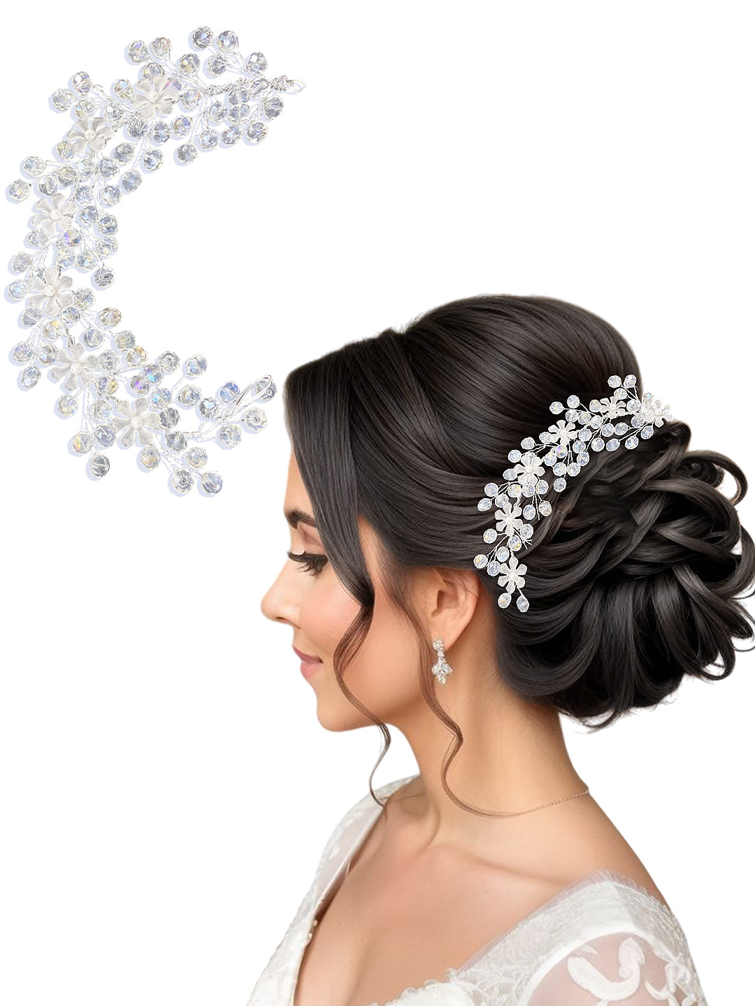 Majestique Set of 1 Silver Flower & Pearl Style Juda Bun Accessories Hairstyle Bride Clips