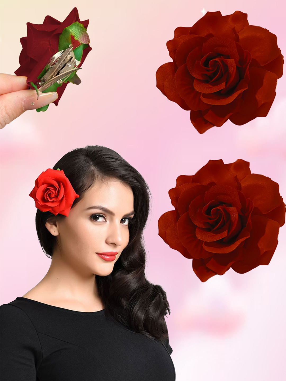 Majestique Set of 2 Maroon Artificial Rose Flowers Bun Juda Clips Bridal Brooch