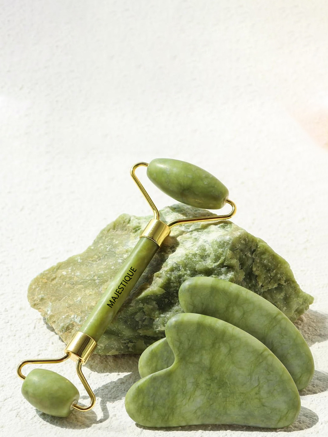 MAJESTIQUE Set Of 3 Facial Massager, Jade Roller & Gua Sha Face Refresher