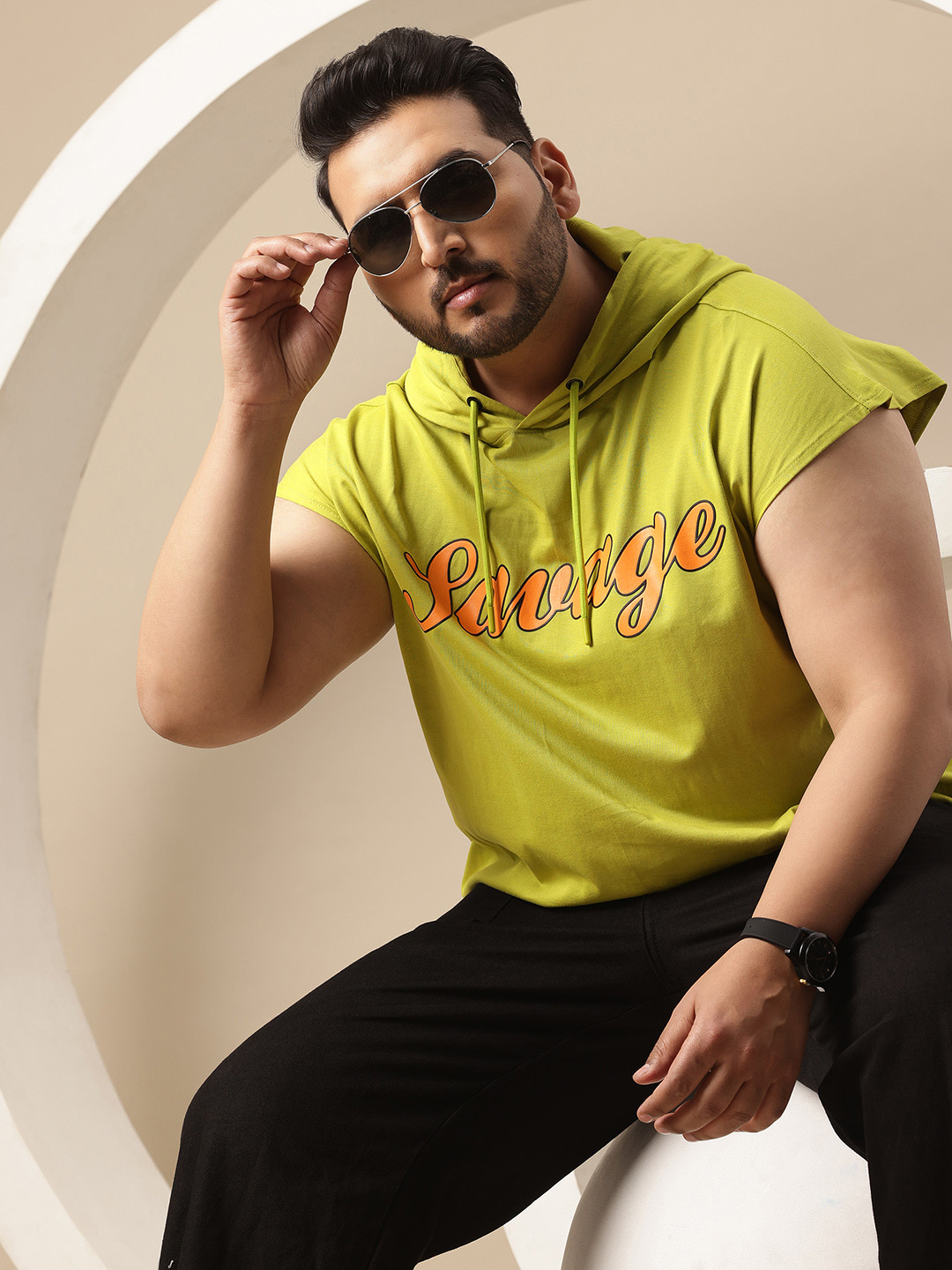 Sztori Plus Size Typography Printed Hooded Extended Sleeves Pure Cotton T-shirt