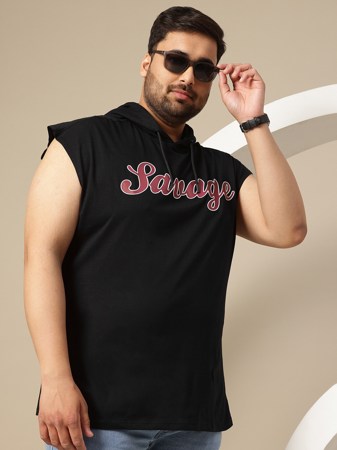 Sztori Plus Size Printed Hooded Extended Sleeves Pure Cotton T-shirt