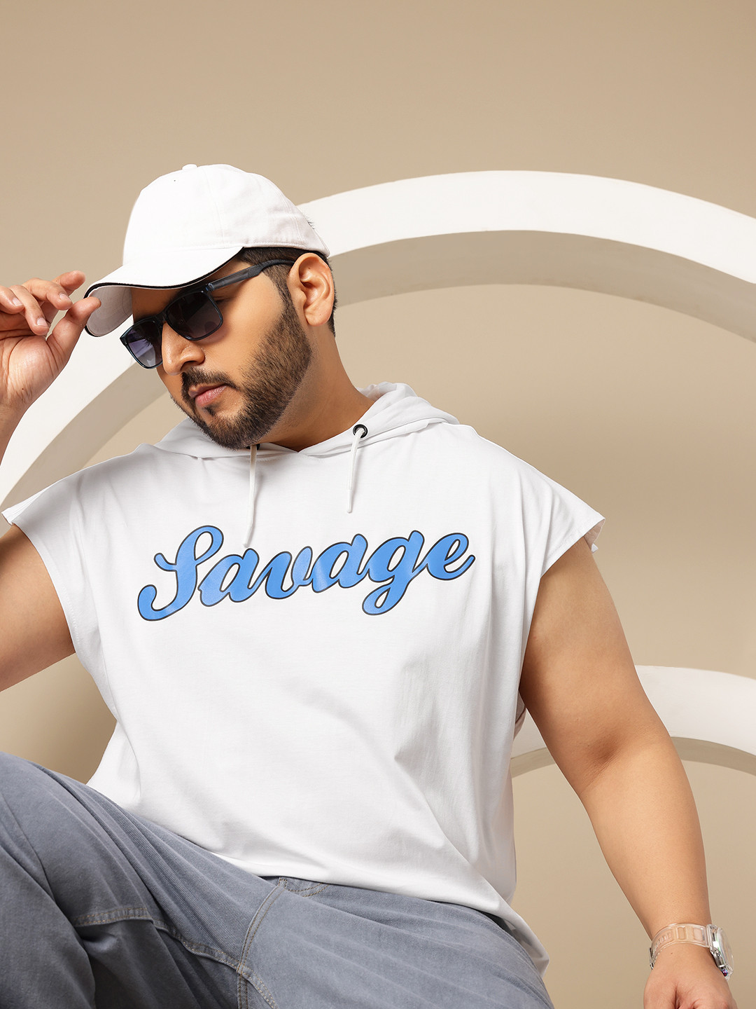 Sztori Plus Size Typography Printed Hooded Extended Sleeves Pure Cotton T-shirt