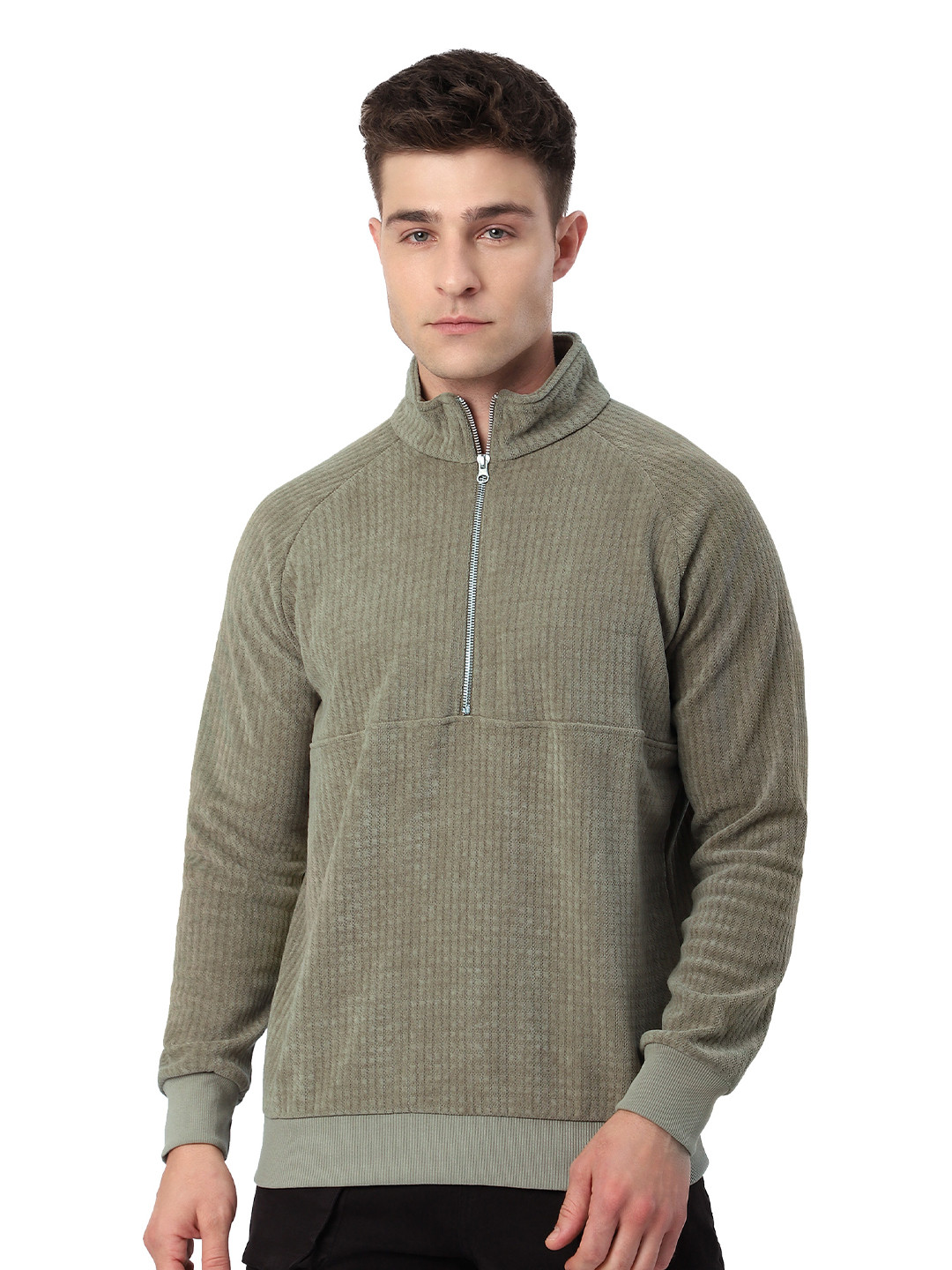 Beyoung Men Checked Half Zipper Woolen Sweatshirt