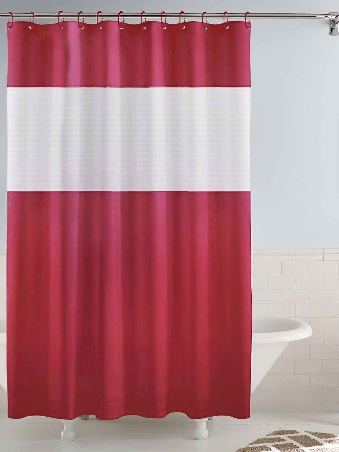 Story@home Maroon & White Shower Curtains With 12 Rings