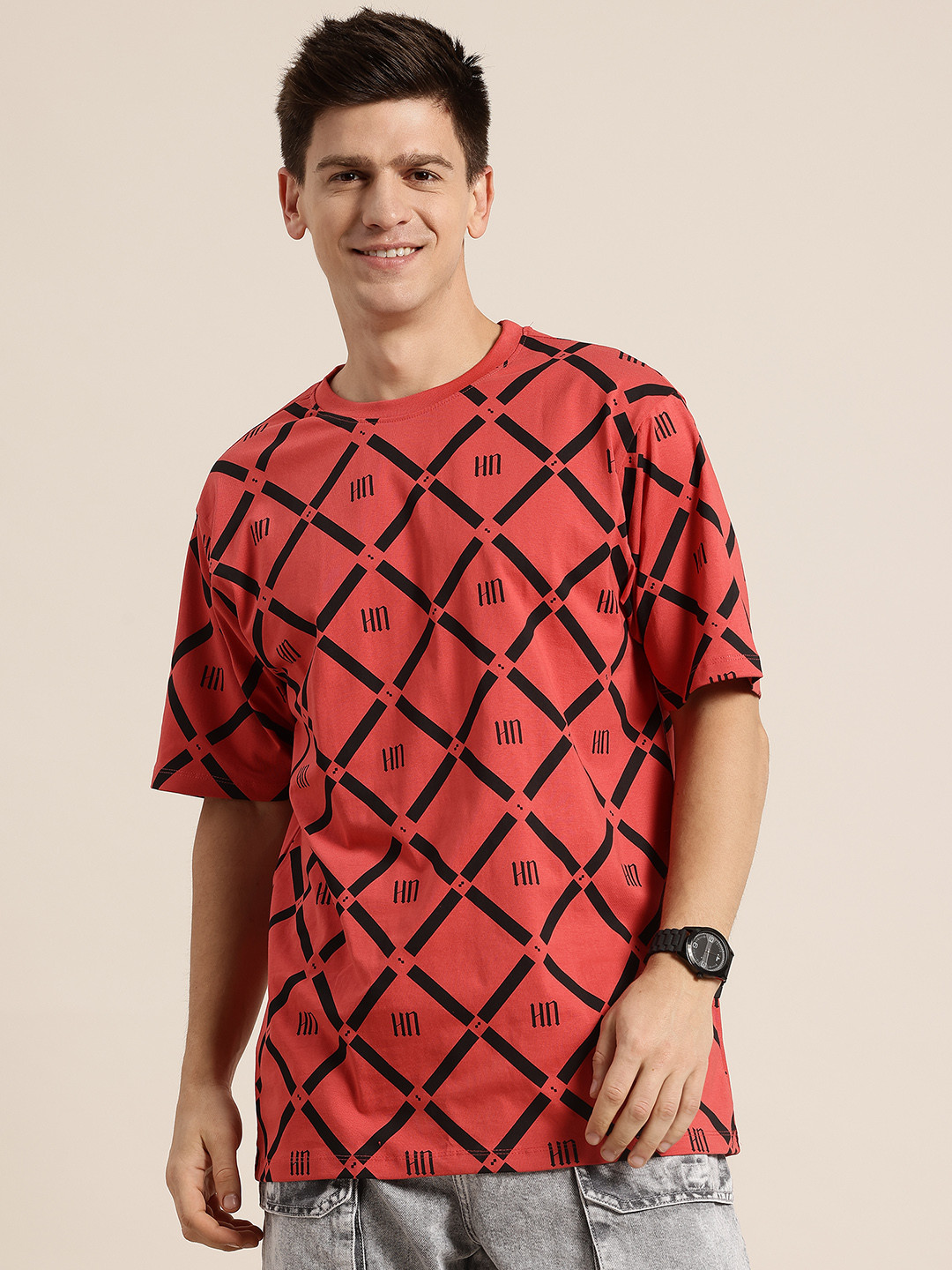HERE&NOW Geometric & Brand Logo Print Pure Cotton Drop-Sleeves Relaxed Fit T-shirt
