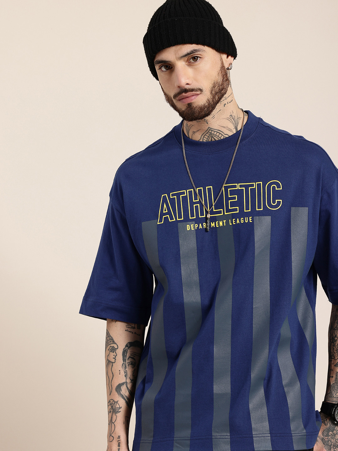 HERE&NOW College Turmoil Cotton Striped Typography Print Drop-Shoulder Oversized Fit T-shirt