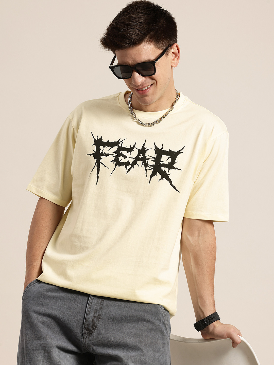 HERE&NOW Typography Print Pure Cotton T-shirt with Grunge Effect