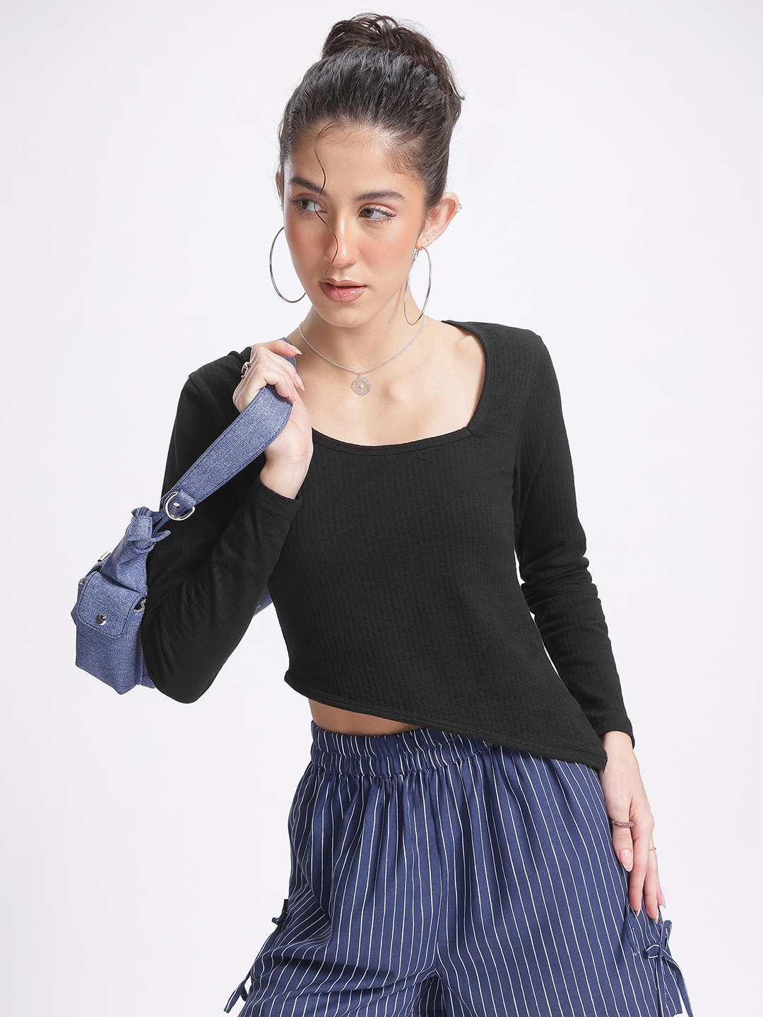 glitchez Angular Hem Textured Ribbed Pure Cotton Top