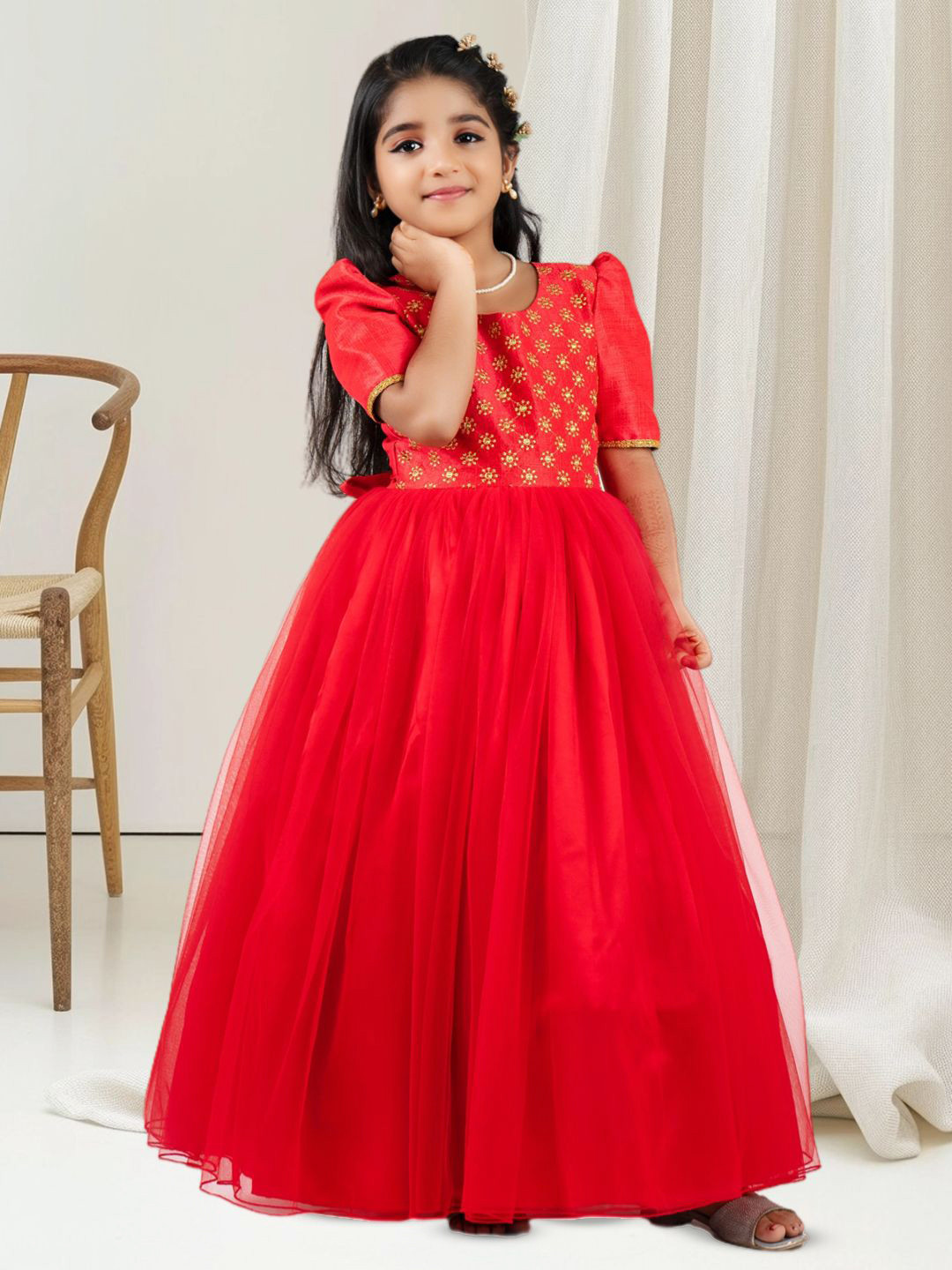 STANWELLS KIDS Girls Embellished Embroidered Puff Sleeve Maxi Dress