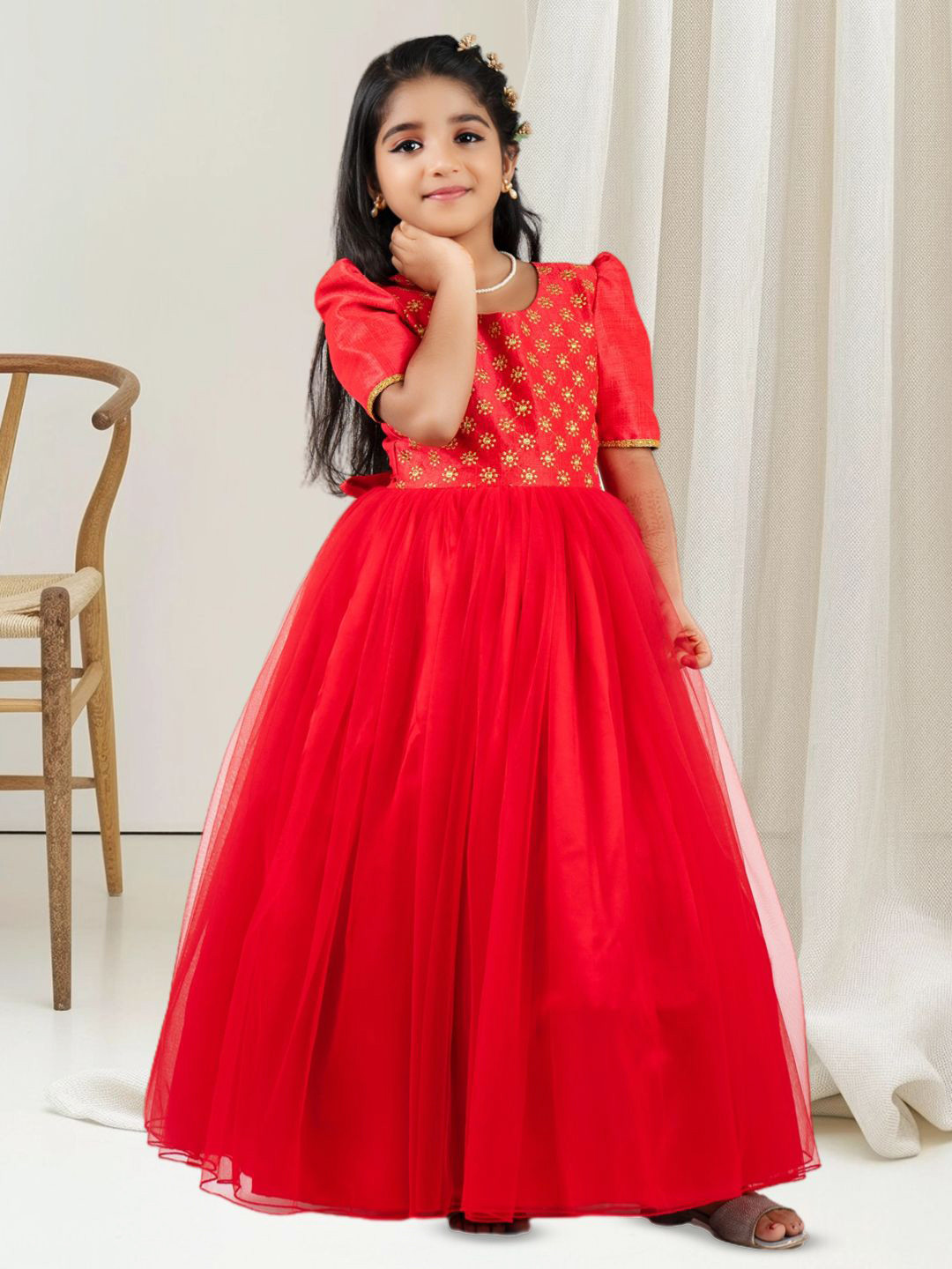 STANWELLS KIDS Girls Embellished Embroidered Puff Sleeve Net Maxi Dress