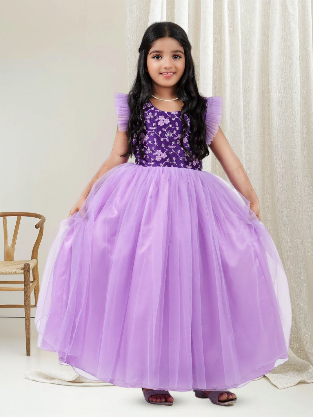 STANWELLS KIDS Girls Embellish Embroidered Round Neck Flared Sleeve Fit & Flare Maxi Dress