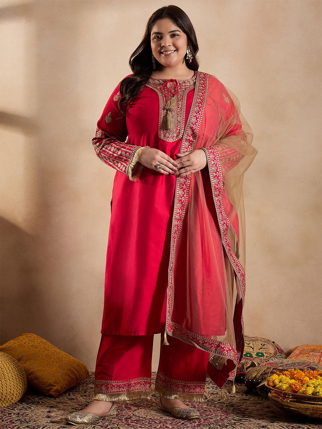 INDDUS PLUS Tie-Up Neck Ethnic Motifs Embroidered Straight Kurta with Trouser & Dupatta