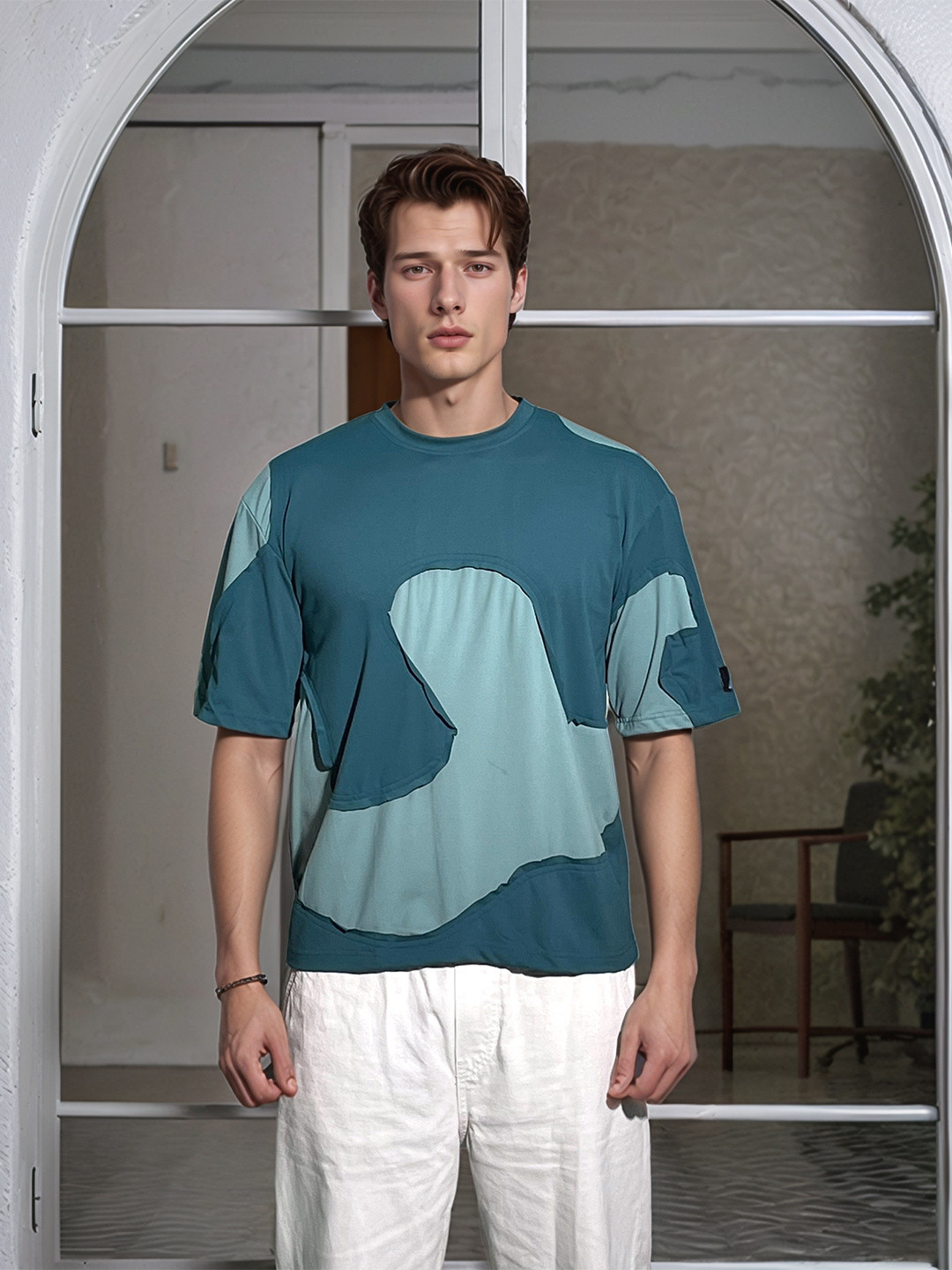 Teal Colourblocked Regular Fit T-shirt