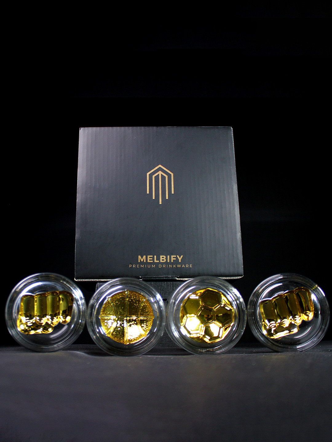 MELBIFY Transparent 4 Pieces Gold Sports Whiskey Glass 300 ml