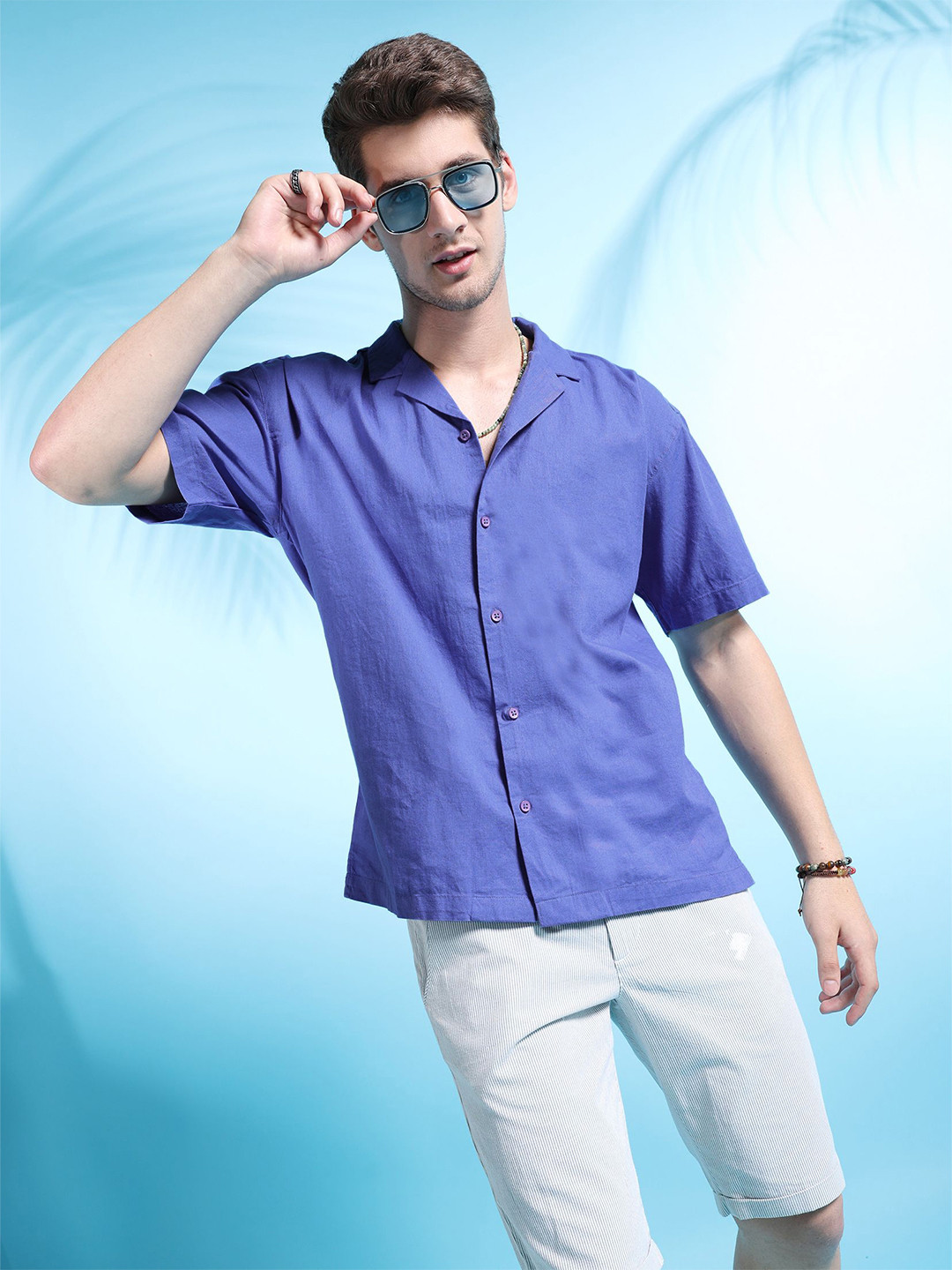 The Indian Garage Co Men Cuban Collar Relaxed Fit Linen Resortwear Shirt
