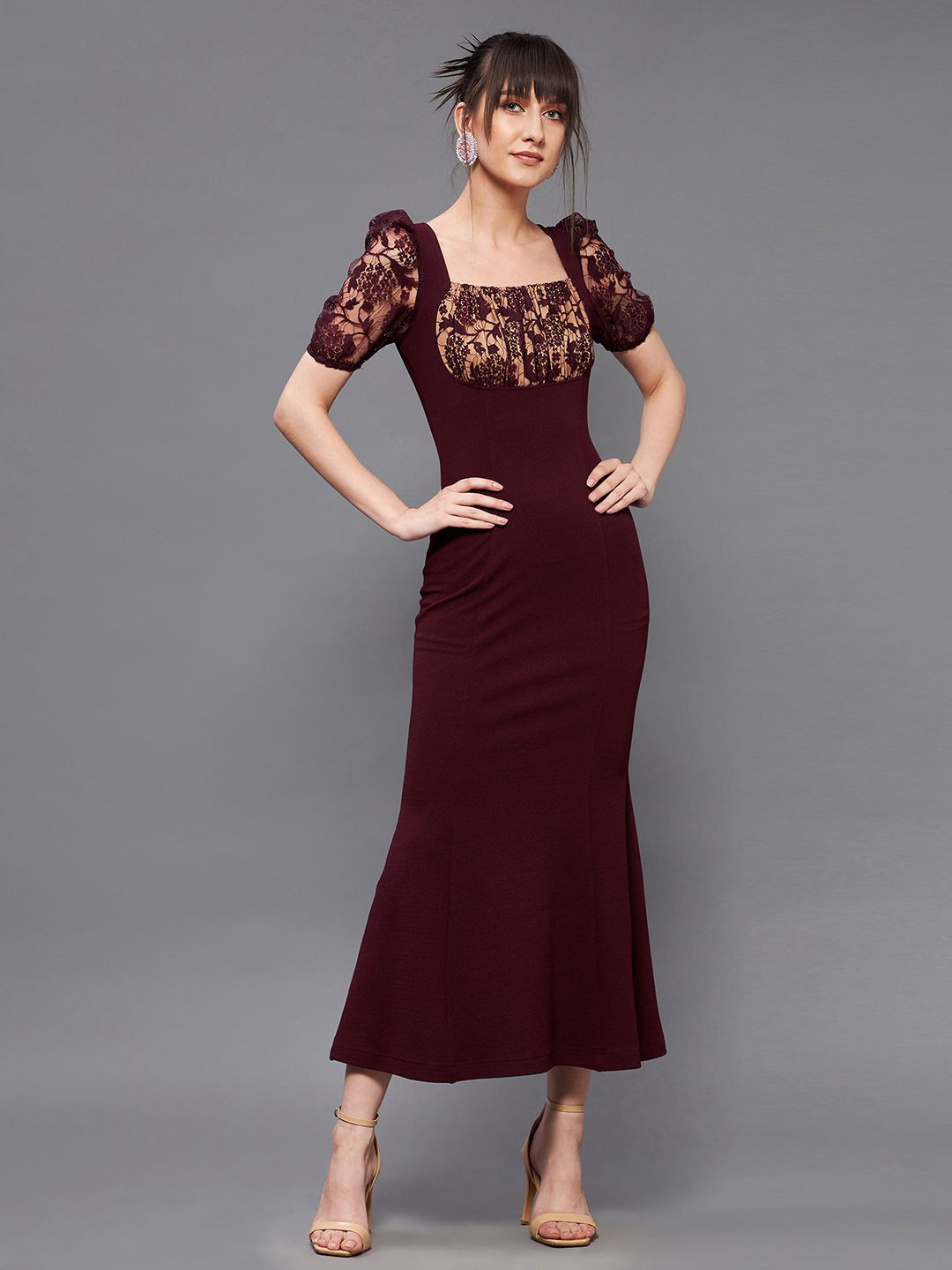 Miss Chase Lace-Up Puff Sleeve A-Line Midi Dress