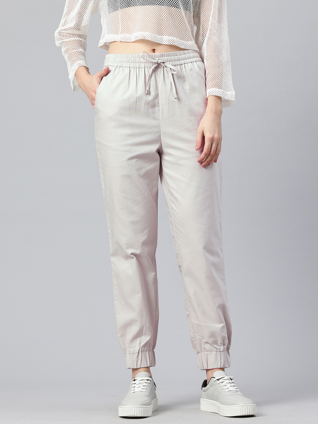 Popnetic Women Pure Cotton High-Rise Joggers Trousers