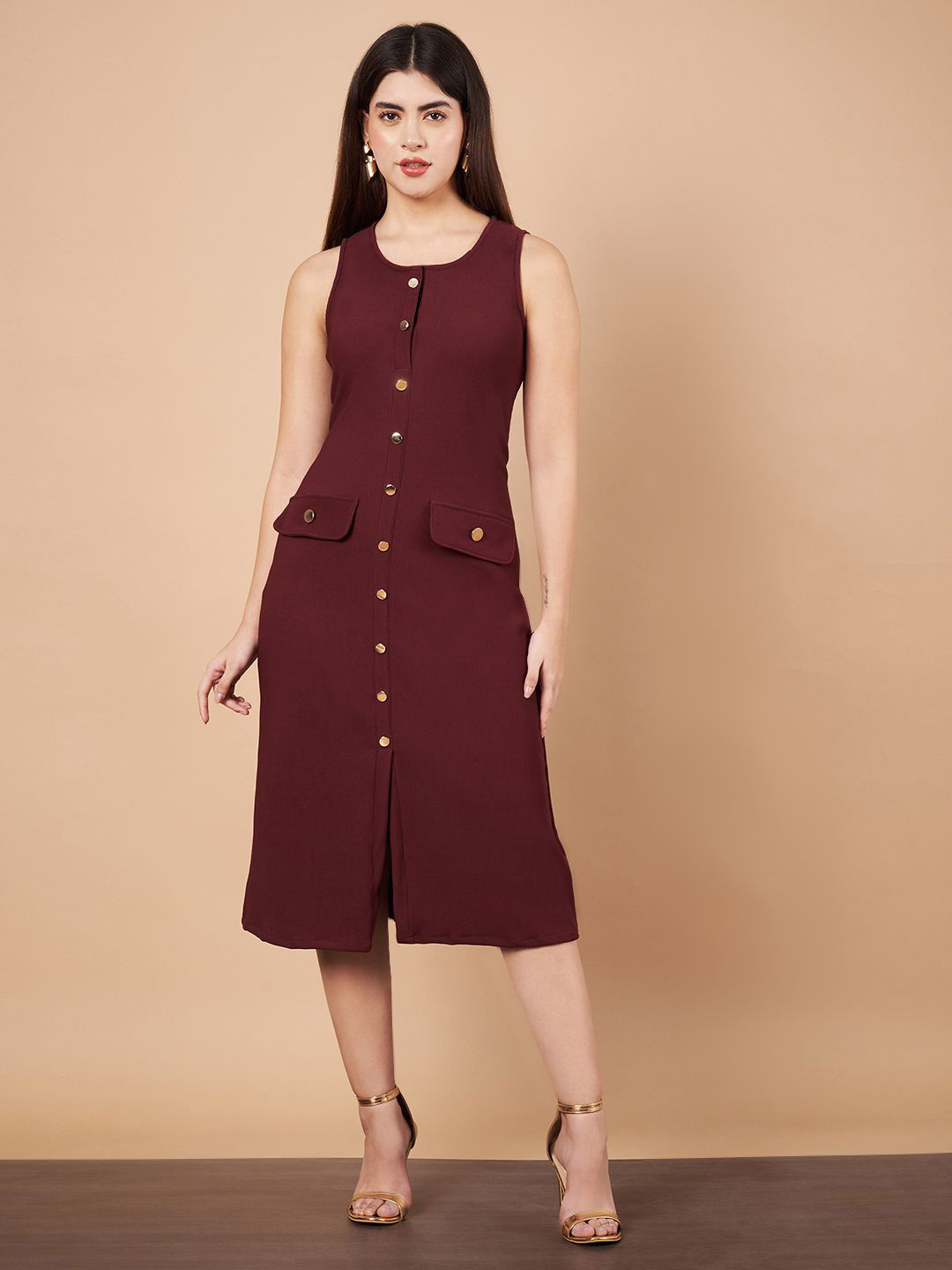 Hencemade Women A-Line Midi Cotton Dress With Button Details