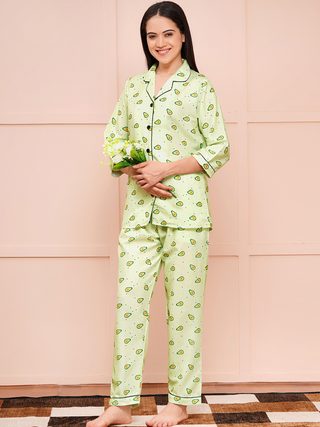ALL ABOUT HER Women Graphic Printed Lapel Collar Night suit