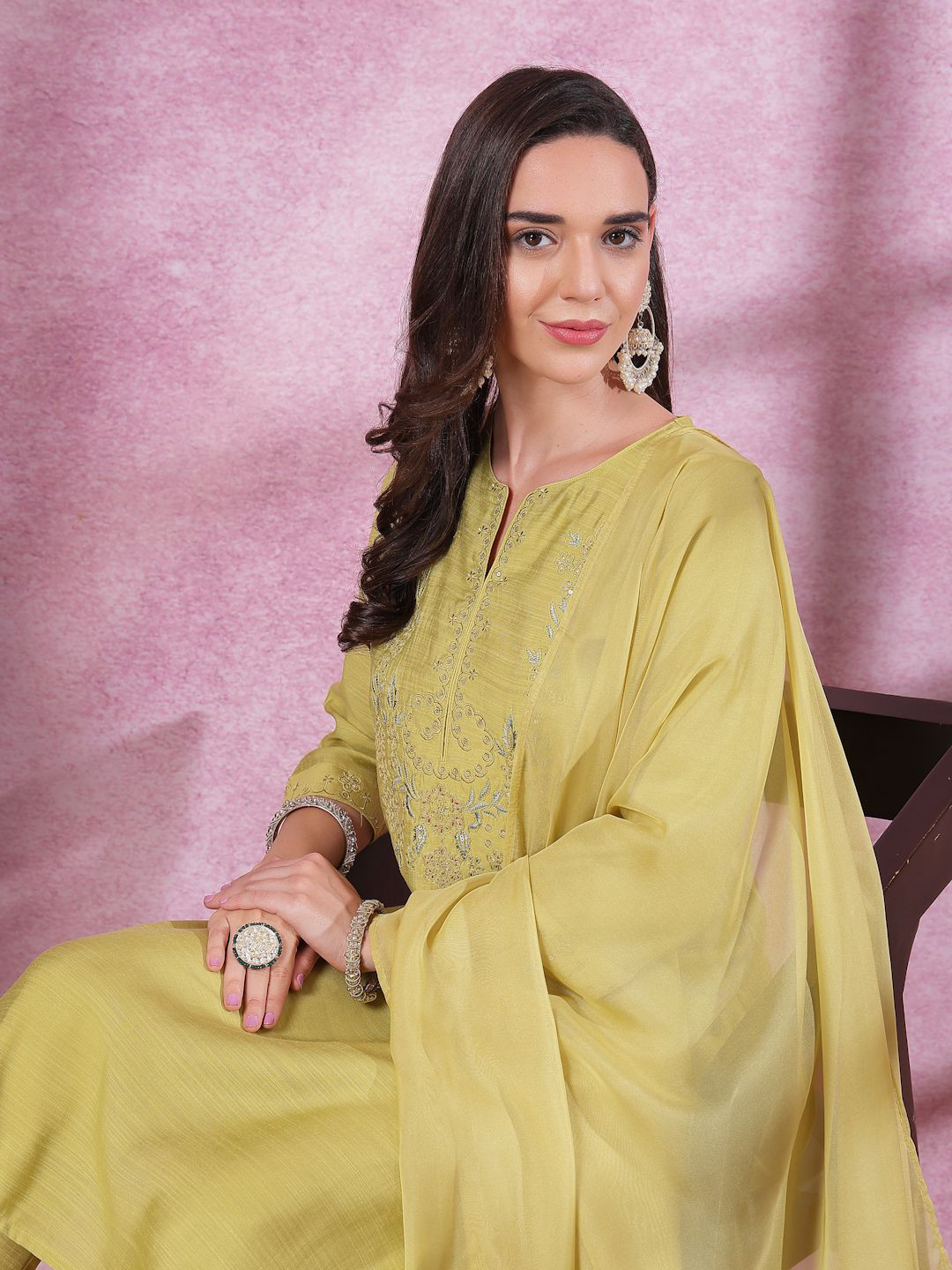 Nayam By Lakshita Floral Yoke Design Zari Straight Kurta with Trouser & Dupatta