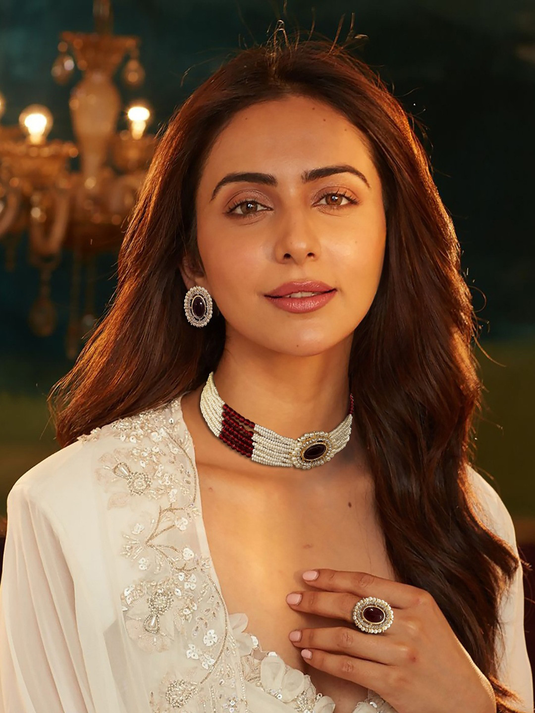 AccessHer Stainless Steel AD & Ruby- Studded Jewellery Set