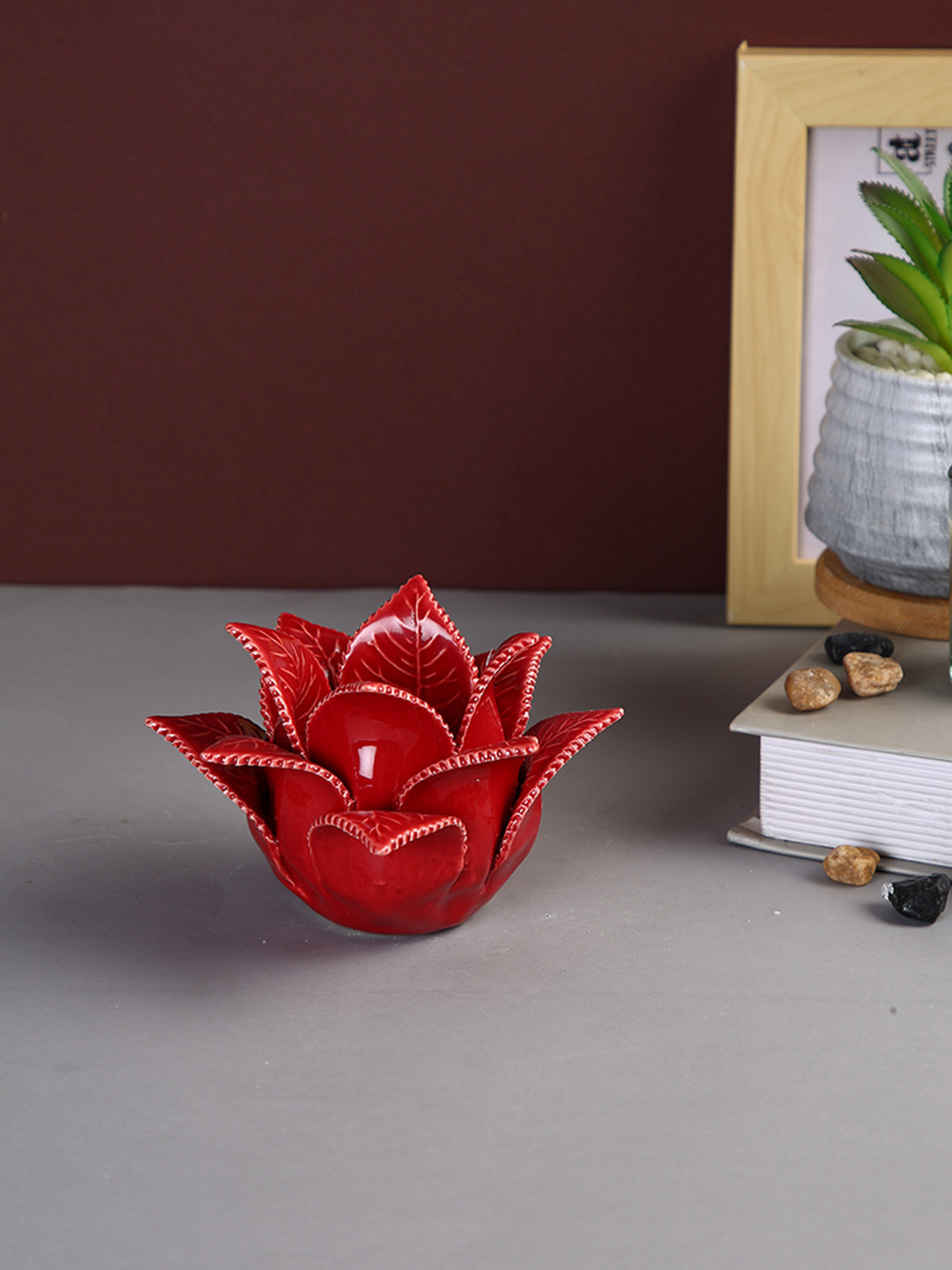 TAYHAA Red Blooming Petals Flower Ceramic Candle Holder