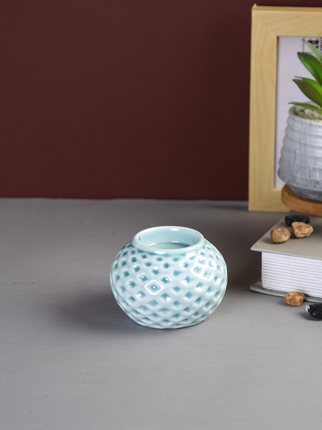 TAYHAA Blue Blooming Flower Ceramic Candle Holder