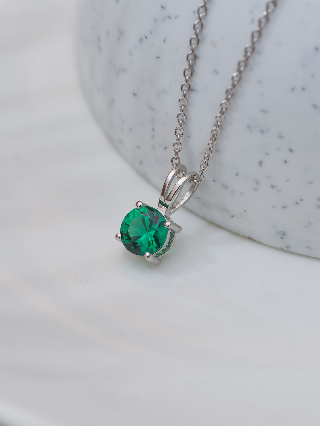 Ornate Jewels 925 Sterling Silver Rhodium-Plated Emerald Solitaire Pendant With Chain