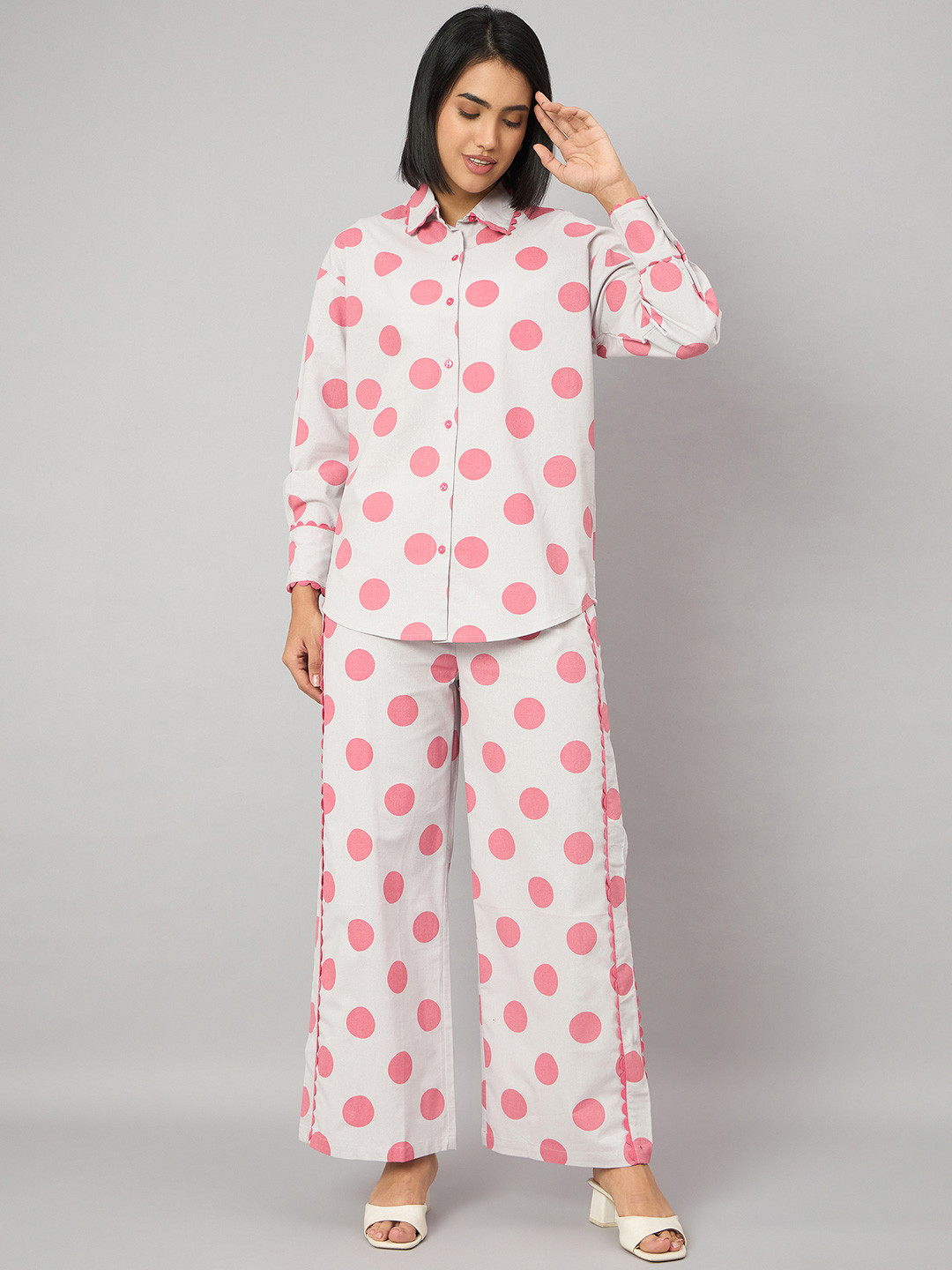 Orchid Blues Polka Dot Contrast Lace Pure Cotton Shirt With Shorts