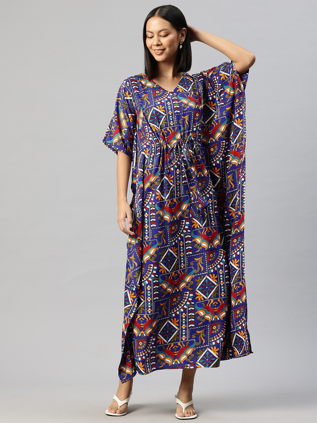 Cottinfab Floral Print Kimono Sleeve Crepe Kaftan Maxi Dress with Tie-Ups Detail