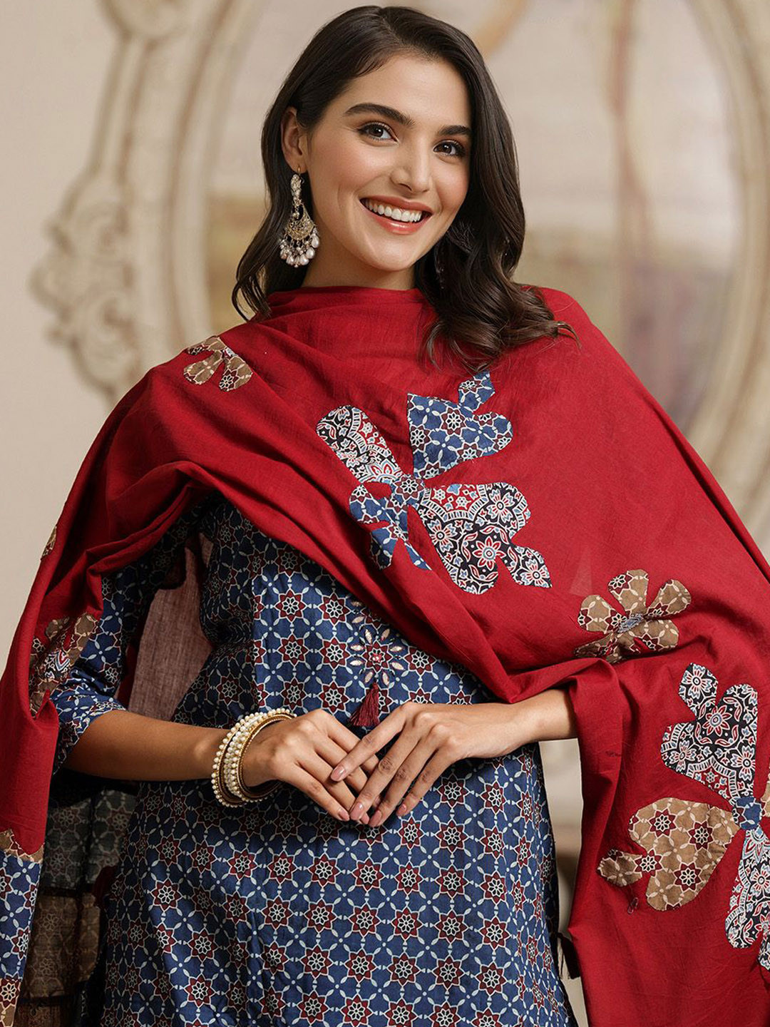 Ishin Printed Applique Embroidered Pure Cotton Straight Kurta with Trouser & Dupatta