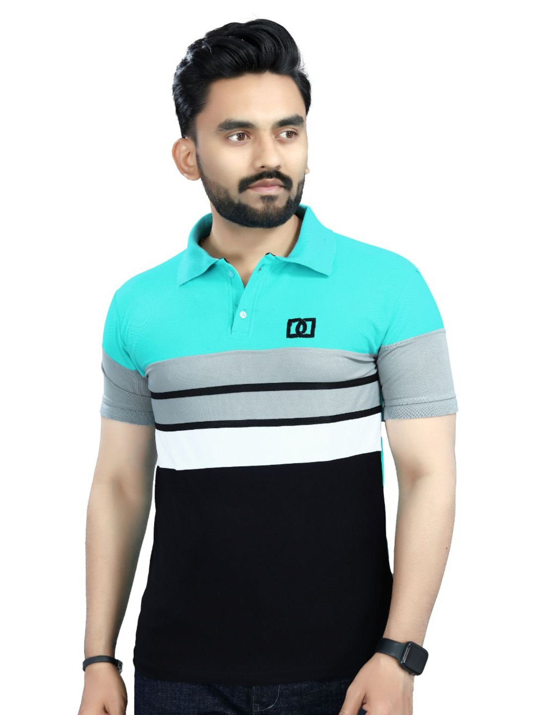 DYRECTDEALS Men Striped Polo Collar Applique T-shirt